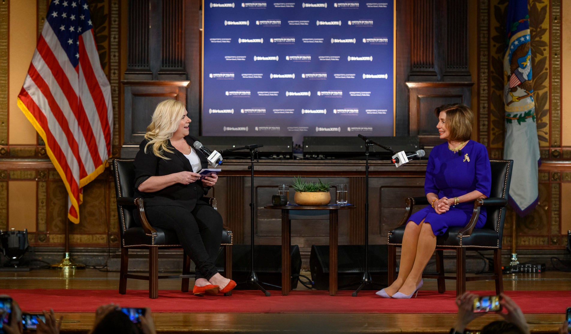 Speaker of the House, Nancy Pelosi and Julie Mason of SiriusXM's POTUS Channel.