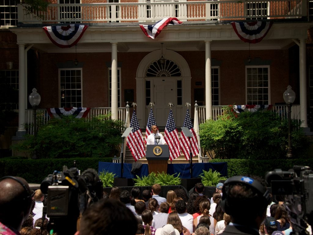 President Barack Obama speaking in front of Old North