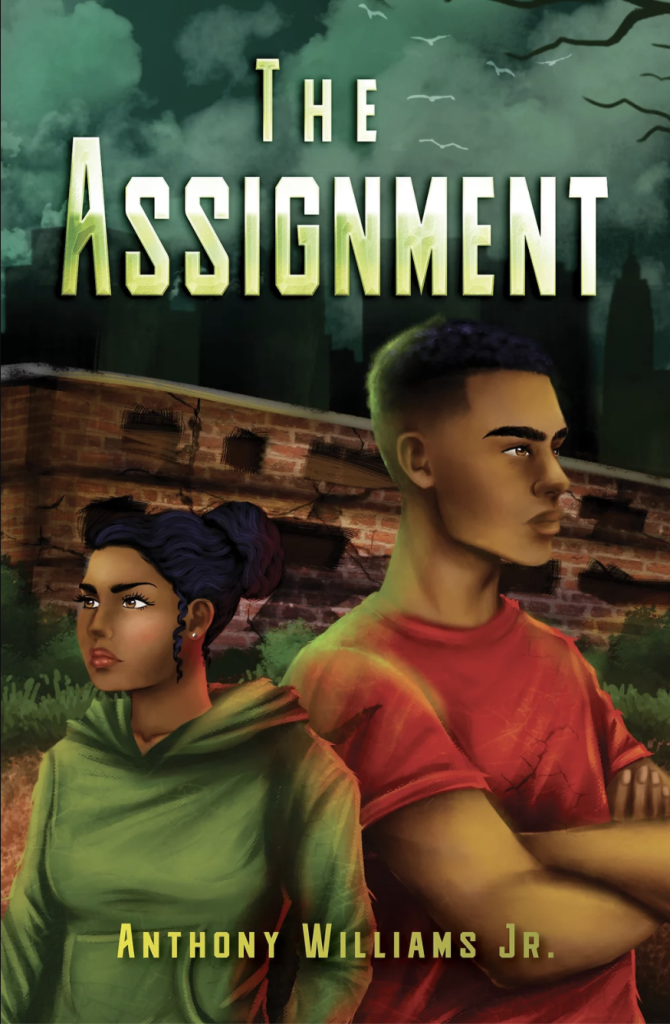 Book Cover, The Assignment by Anthony Williams Jr. a man in a red shirt and a woman in green sweatshirt facing away from one another with a brick wall in the background and gloomy sky