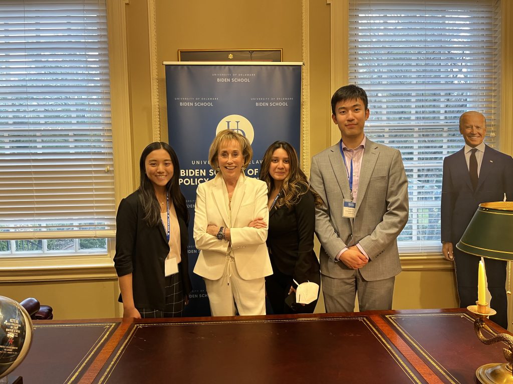 Biden School’s Stavros Niarchos Foundation Ithaca Initiative inaugural National Student Dialogue. Group photo: Grace Xu (F'23), Valerie Biden Owens, Ashna Singh (MPP'23) and Kevin Zhang (F'25)