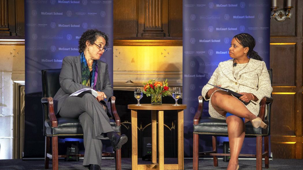 McCourt School Dean Maria Cancian speaking with Chiquita Brooks LaSure