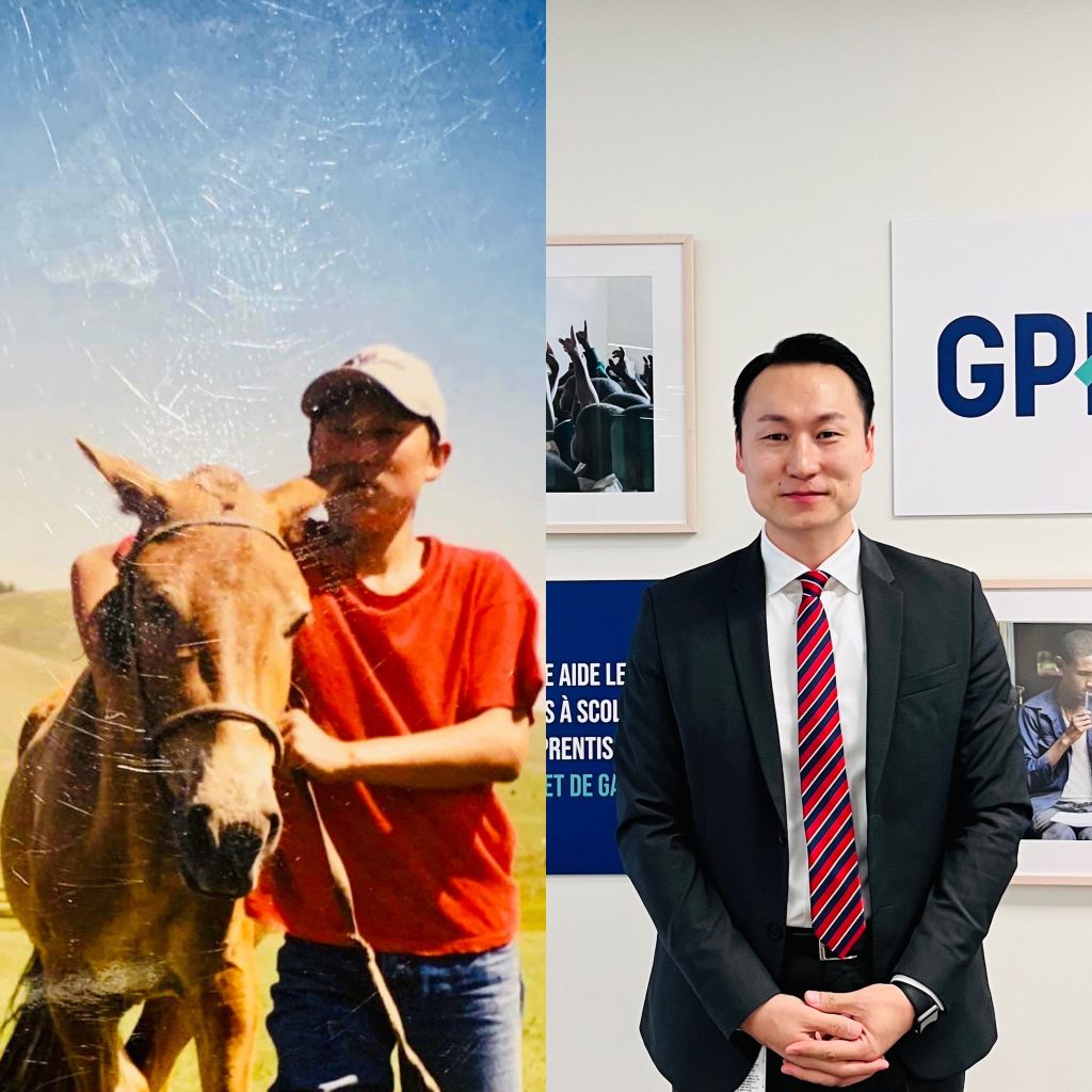 Ideruugan Galbaatar in his hometown, Khuvsgul, (left) and at the Global Partnership for Education office (right)