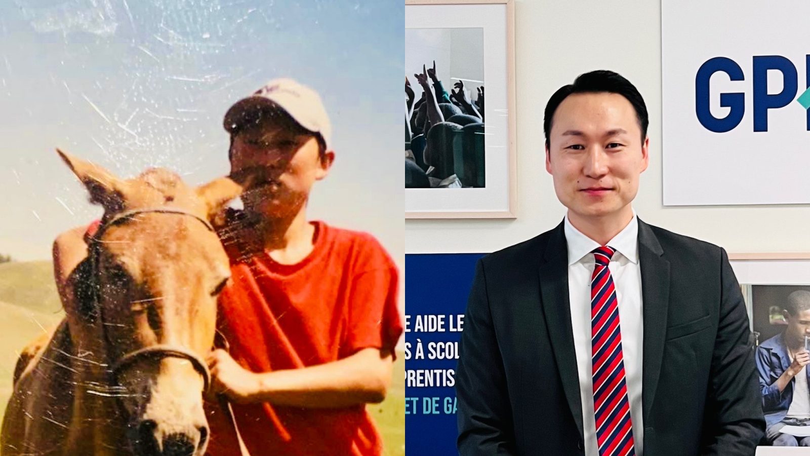 Ideruugan Galbaatar in his hometown, Khuvsgul, (left) and at the Global Partnership for Education office (right)