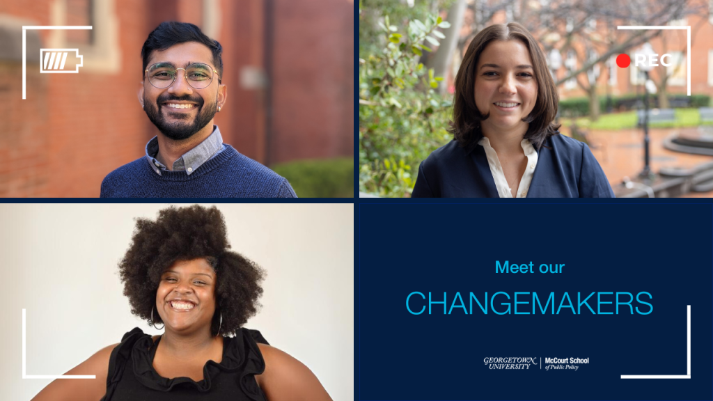 MPP Spotlight Video Cover Image of three students and text that reads 'meet our Changemakers'