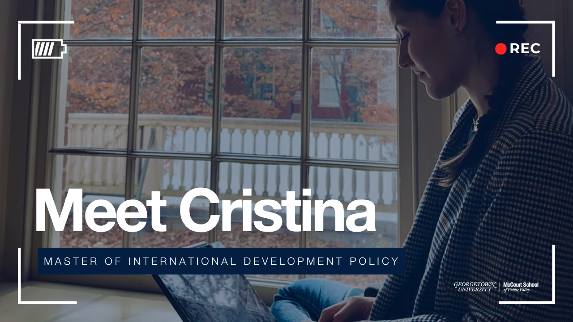 Woman reading a book in front of a window. Text overlay reads Meet Christina, Mater of International Development Policy