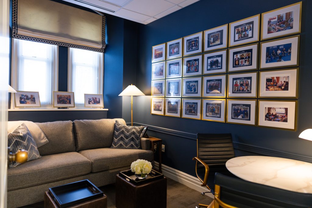 The newly renovated Charlie (L'98) and Lisa Spies Fellows Lounge was named in honor of the couple's generous gift to GU Politics.
