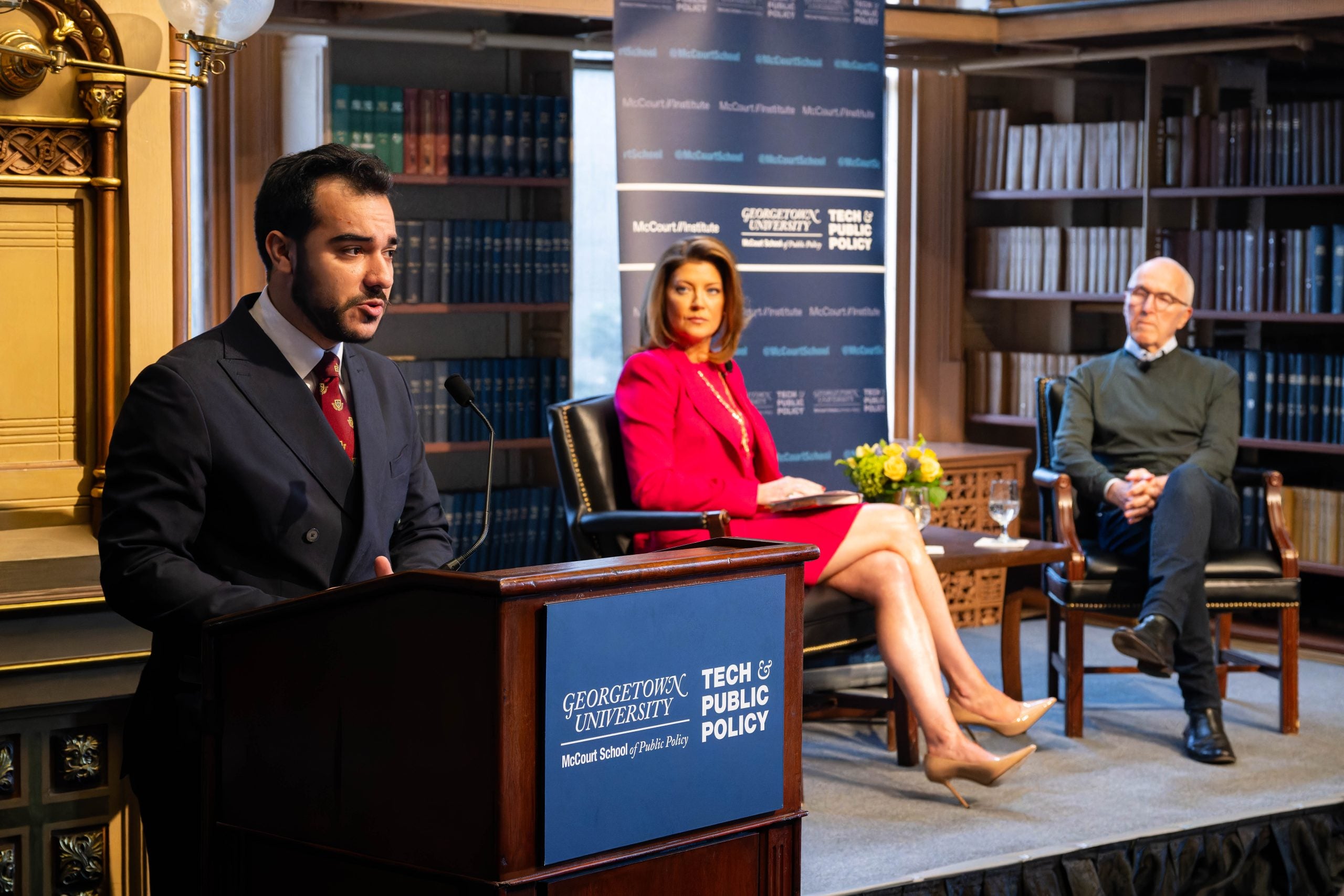 Tech & Public Policy Scholar Santiago Vidal Calvo (MPP'25) introduced Georgetown University alums Norah O'Donnell (C'95, G'03) and Frank McCourt (C'75).