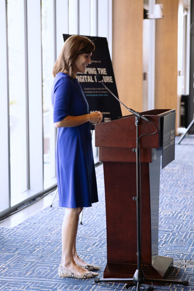 TPP Director Michelle De Mooy speaking at the “Shaping the Digital Future” opening reception.