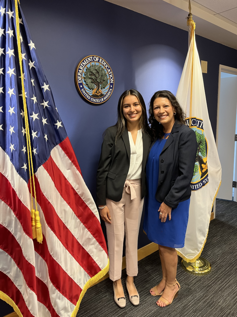 Issabella Romo (MPP’26) (left) and Melody Gonzales (right), McCourt School alumna and former executive director of the White House Initiative for Hispanics at the U.S. Department of Education.