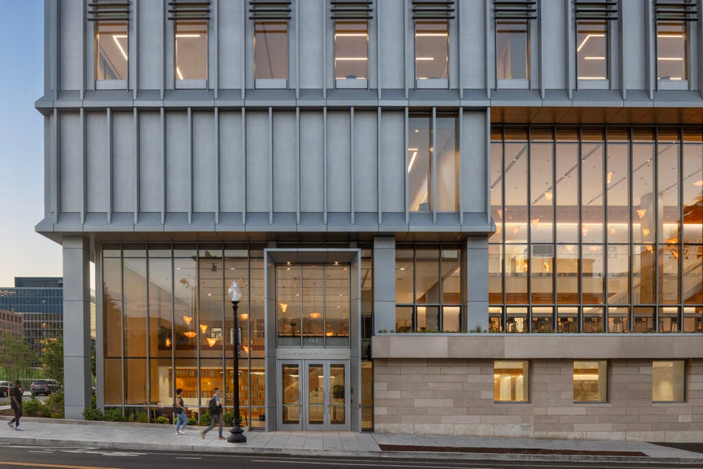 Exterior photo of the McCourt School of Public Policy's 125 E St. building on Georgetown University's Capitol Campus.