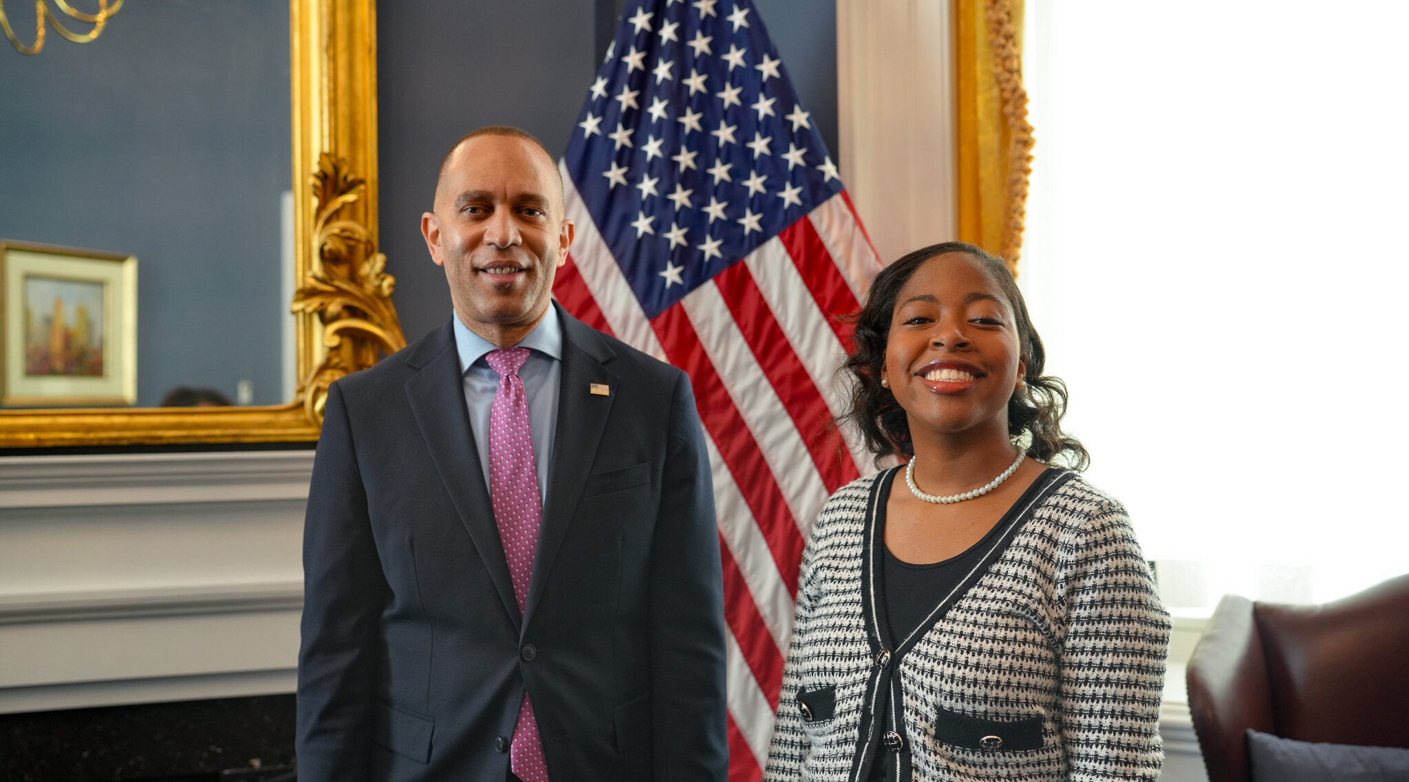 House Democratic Leader Hakeem Jeffries (D-NY) (MPP'94)and Trinity Allen (MPP'26)