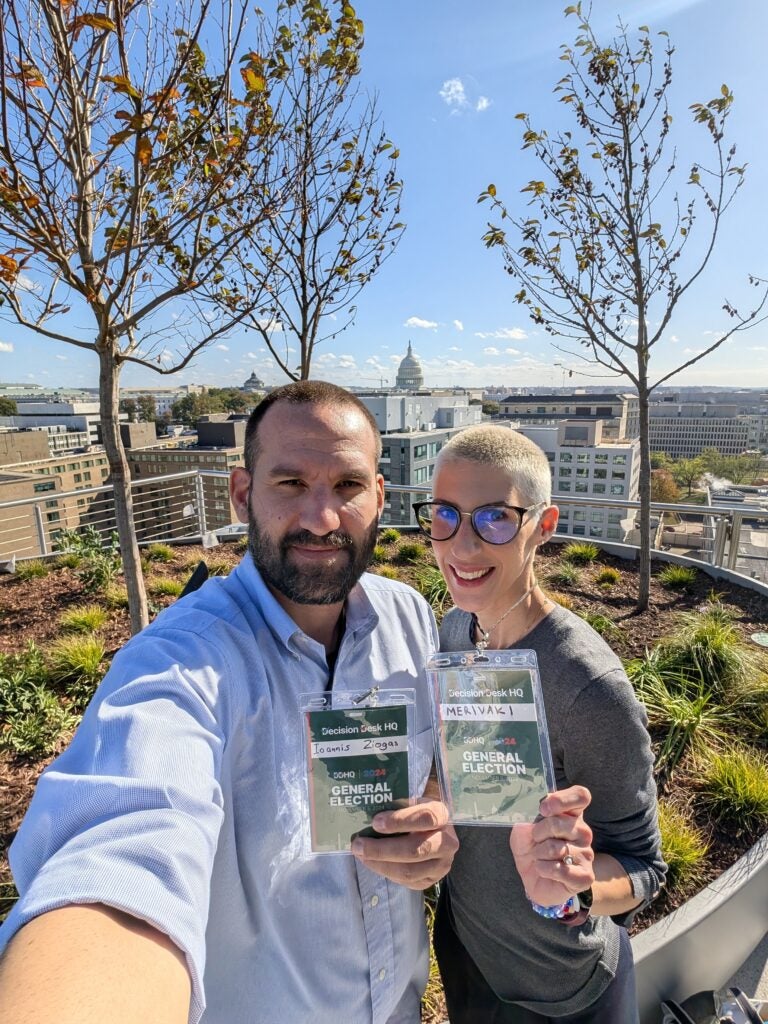  Ioannis Ziogas and Thessalia Merivaki on the rooftop of the McCourt School’s new home at 125 E St.