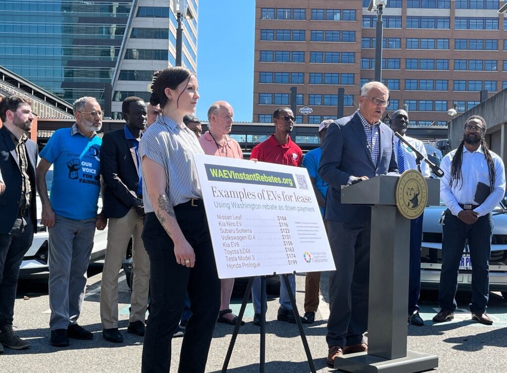 Emma Wyma (MPP'23) (left) and former Governor Jay Inslee (right) at an EV Incentive program event.