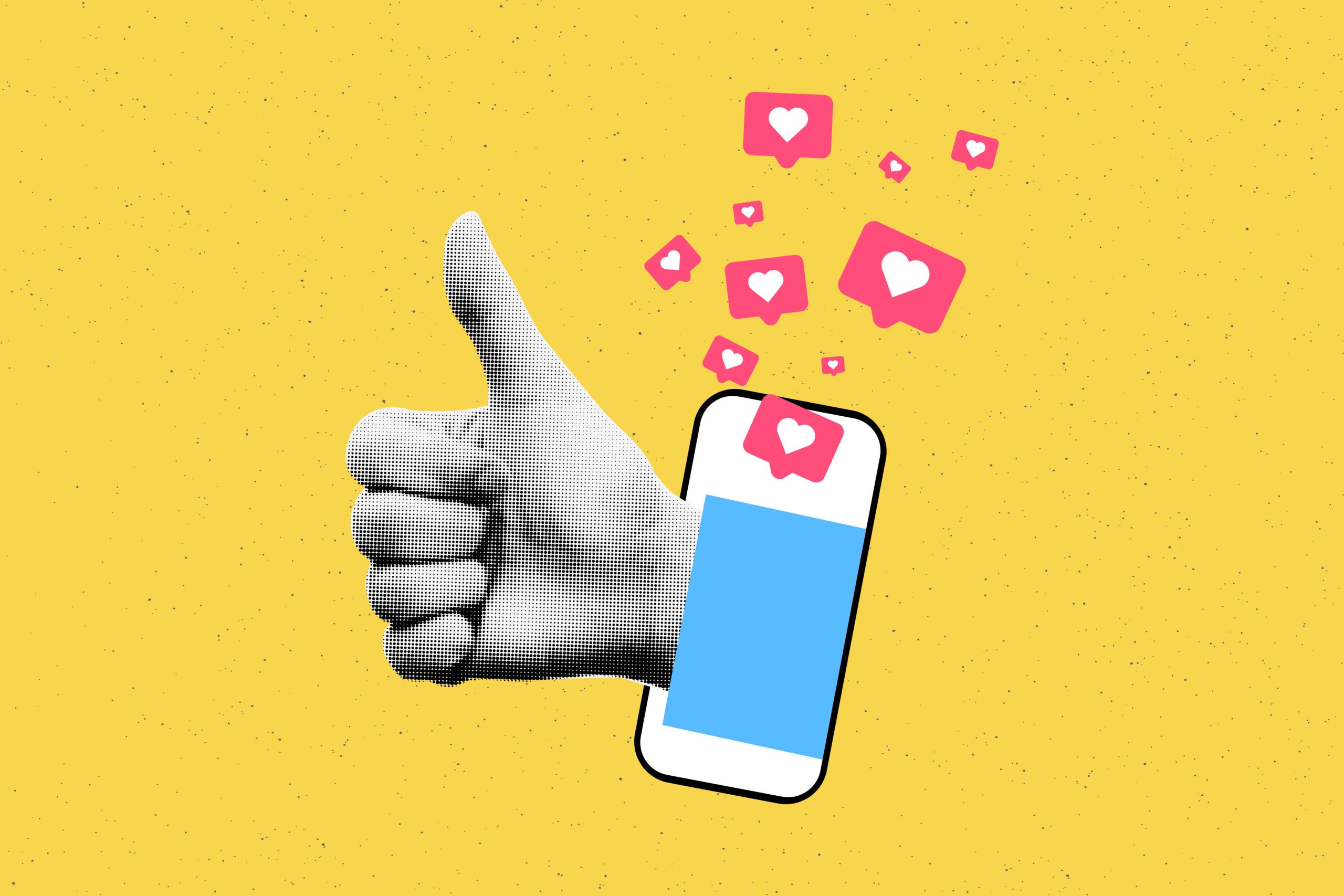 Social media like icons with halftone hand thumb up appearing from smartphone collage banner.