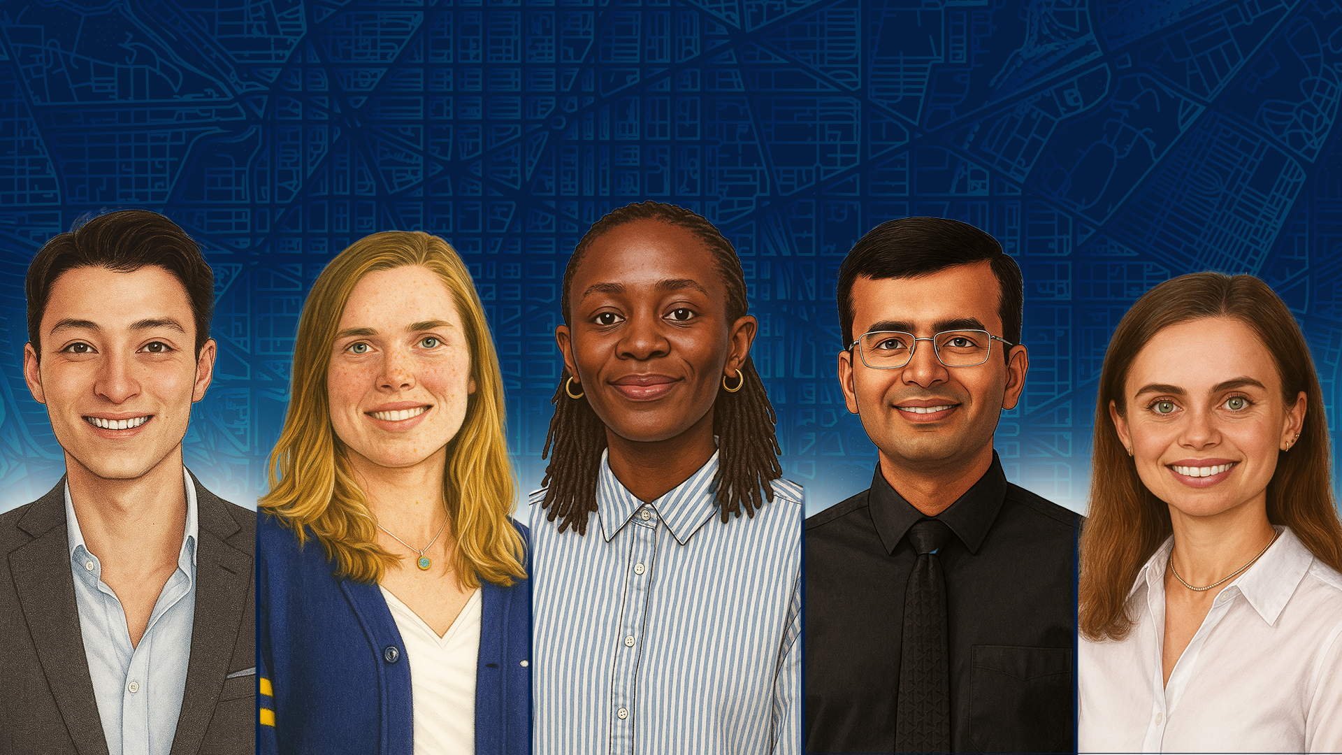 Five stylized illustrations of the McCourt Scholars placed top top of a background graphic of DC street map