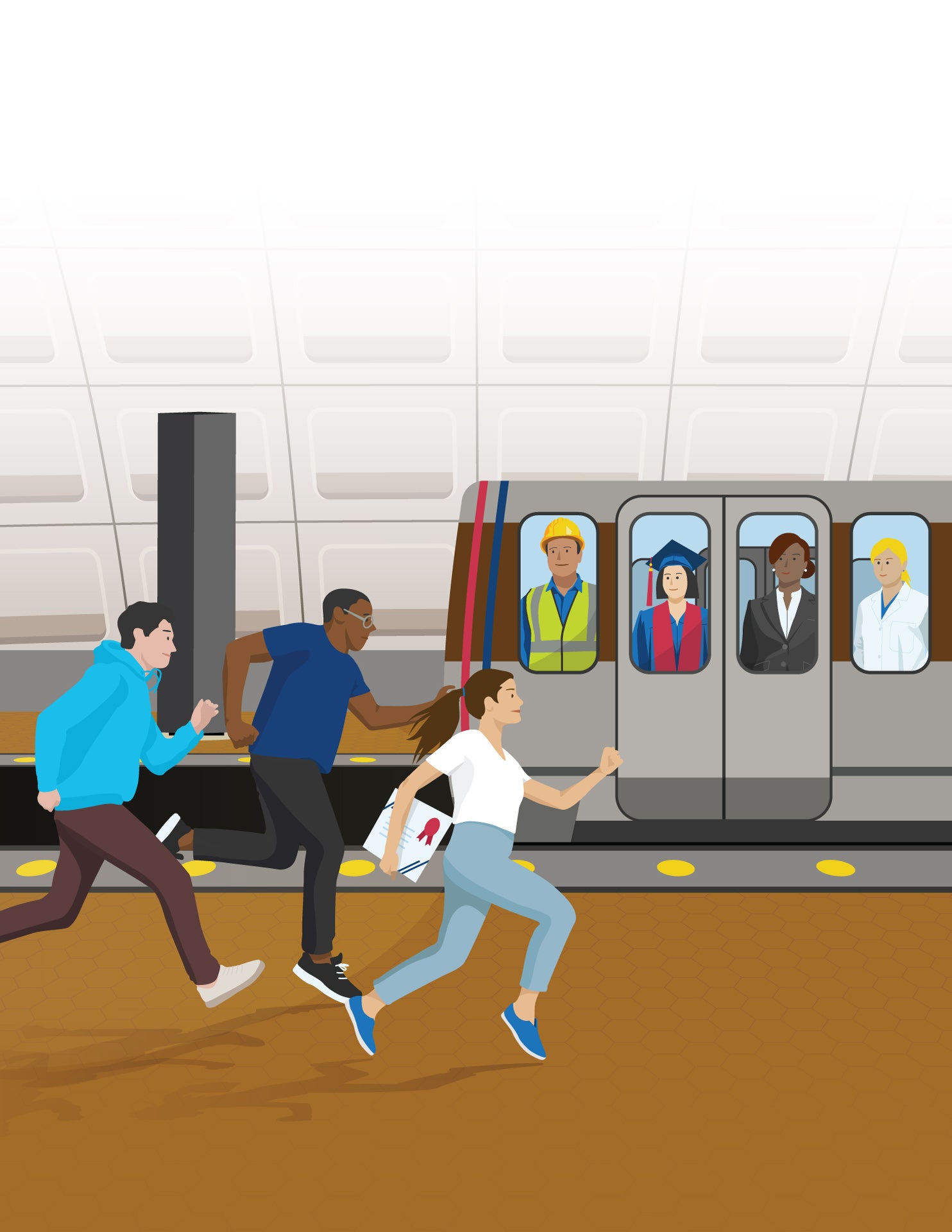 Illustrated graphic of three individuals chasing a DC metro car full of professional workers.