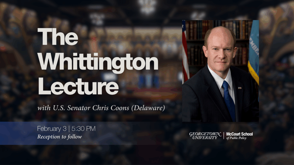 Promotional graphic for The Whittington Lecture with US Senator Chris Coons