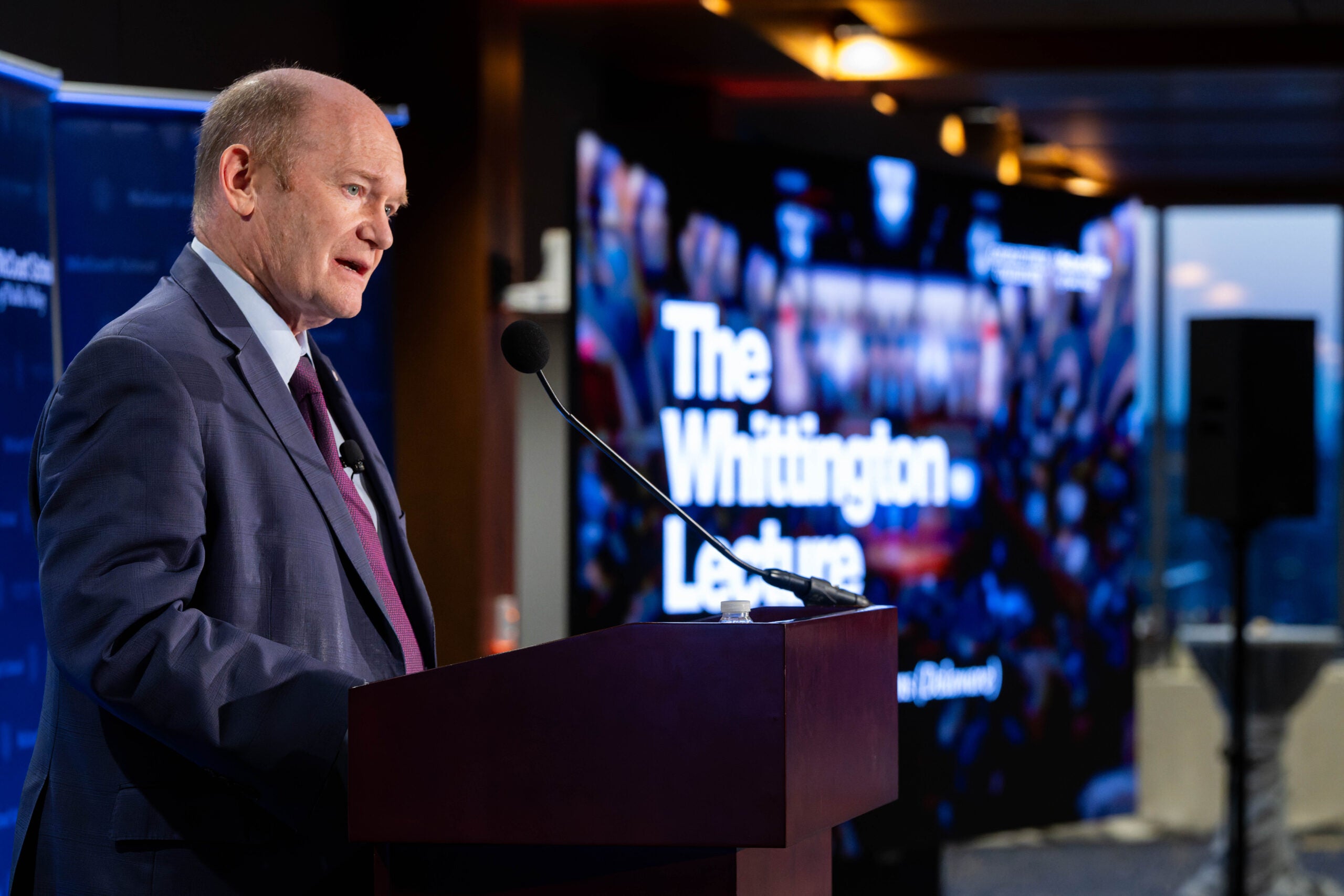 Senator Coons giving the 2025-2026 Whittington Lecture