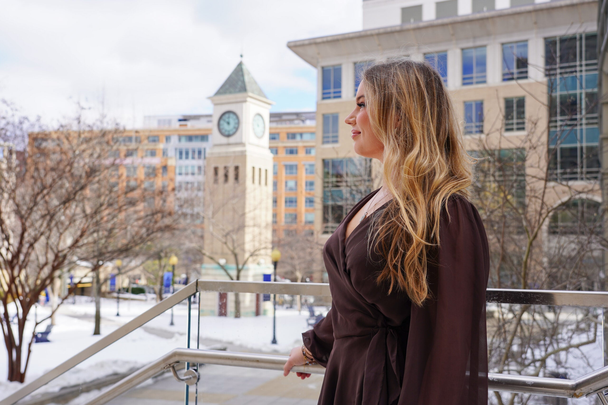 Abbey Basa stands on Georgetown's capital campus looking outwardly