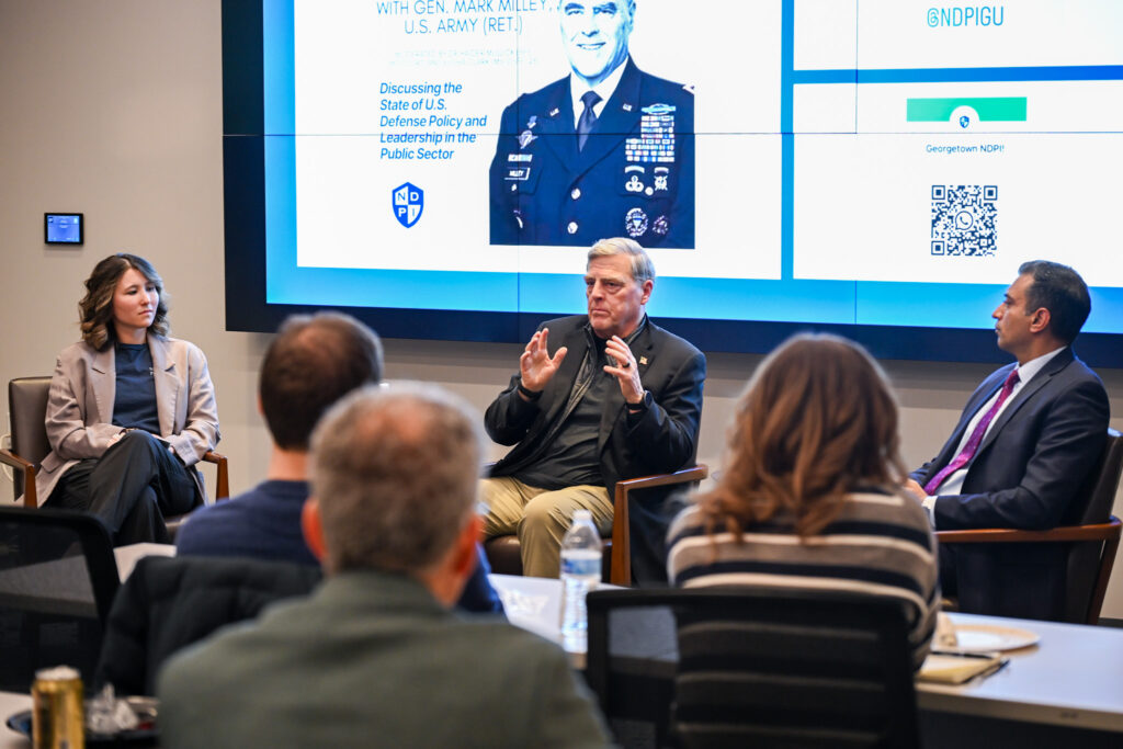Former Chairman of the Joint Chiefs of Staff General Mark Milley (USA, ret.) speaking at the McCourt School of Public Policy on February 23, 2026.