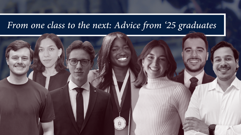 Graphic featuring headshots of seven McCourt alum