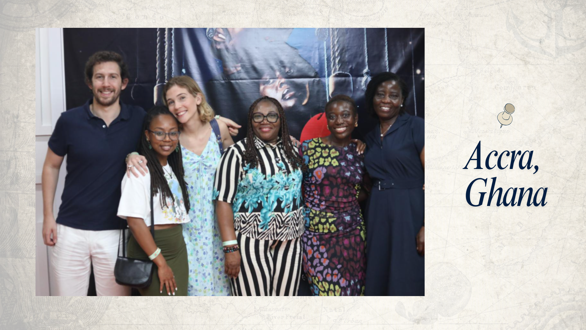 Martin Barros (MIDP’26) with fellow MIDP students and family members of Nadia Baye (MIDP’26) at the National Theatre of Ghana 