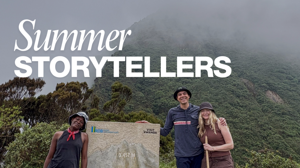 Three people at base of volcano with text that reads "Summer storytellers"
