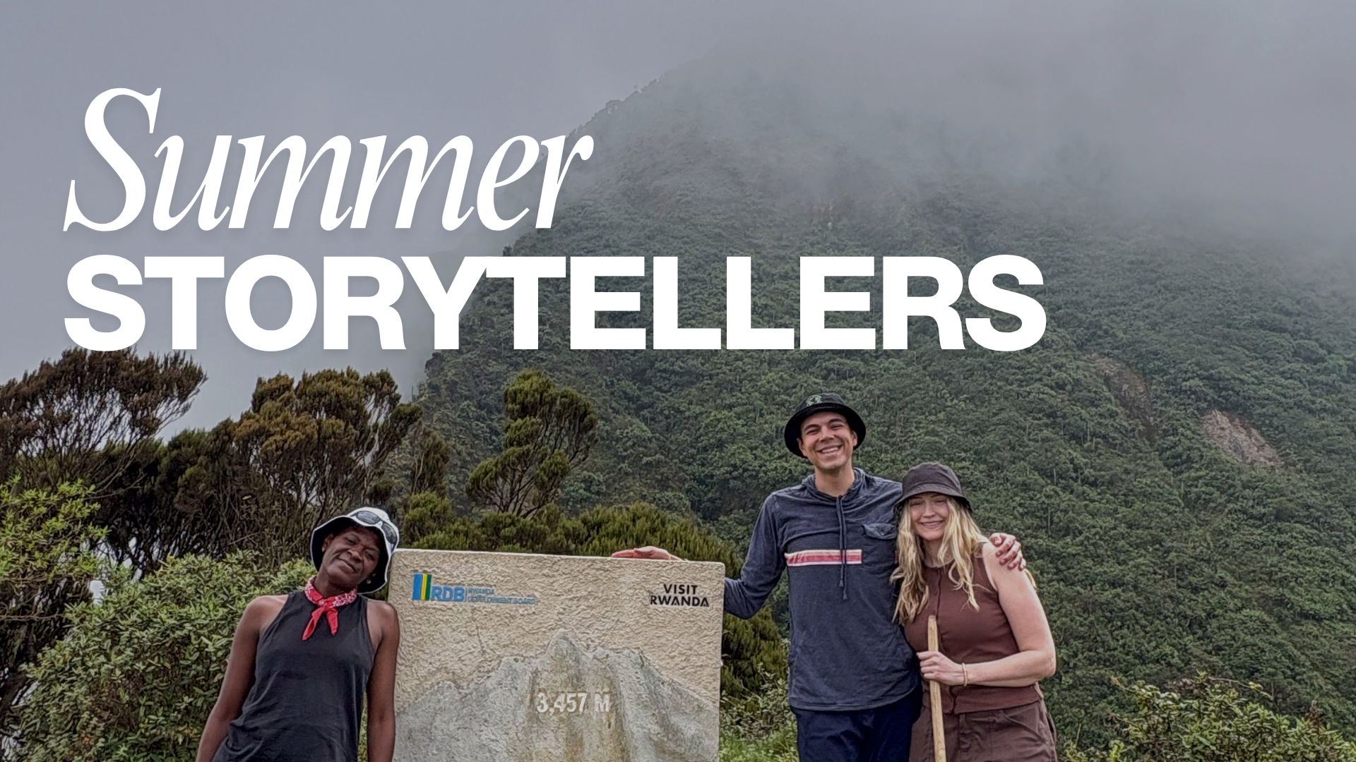 Three people at base of volcano with text that reads "Summer storytellers"
