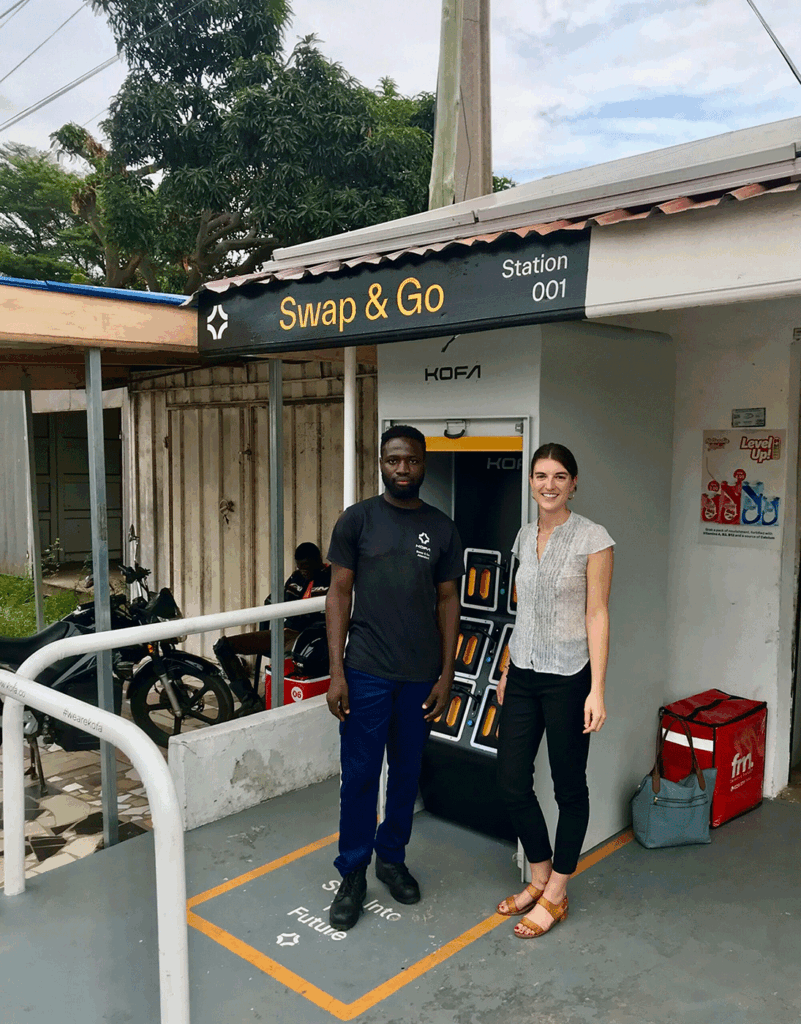 Lillian Alexander (MIDP’20) in Ghana with a representative from Kofa, a Mercy Corps Ventures portfolio company building a low-cost renewable energy network.