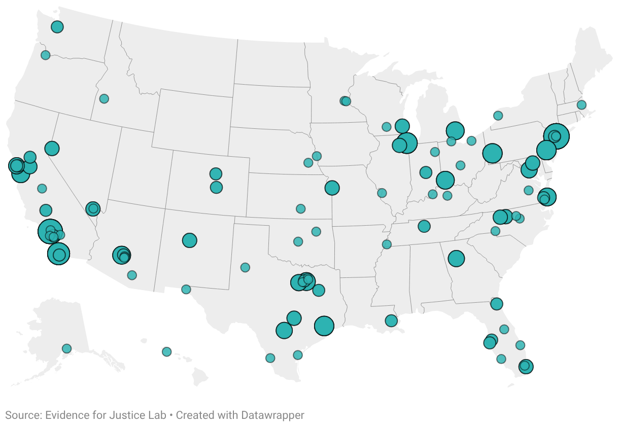 US Map with green dots of various sizes