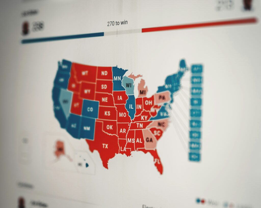 Electoral college map for U.S. presidential election.