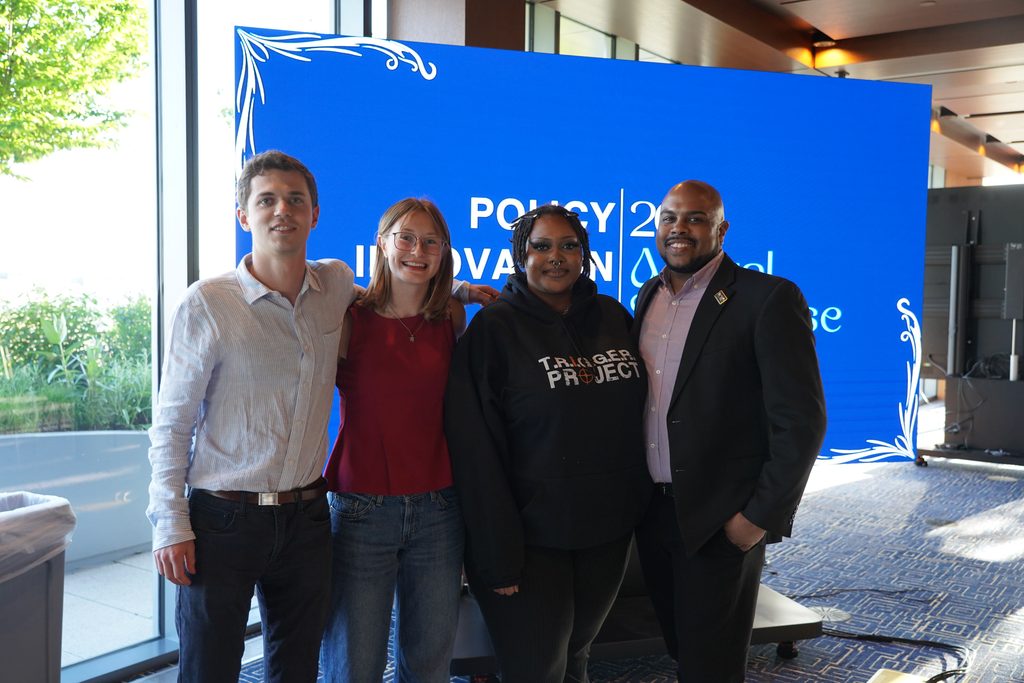  Nicholas Peabody (MPP’27) and Katherine Parrish (C’27) at PIL’s annual showcase, along with members of the T.R.I.G.G.E.R. project.
