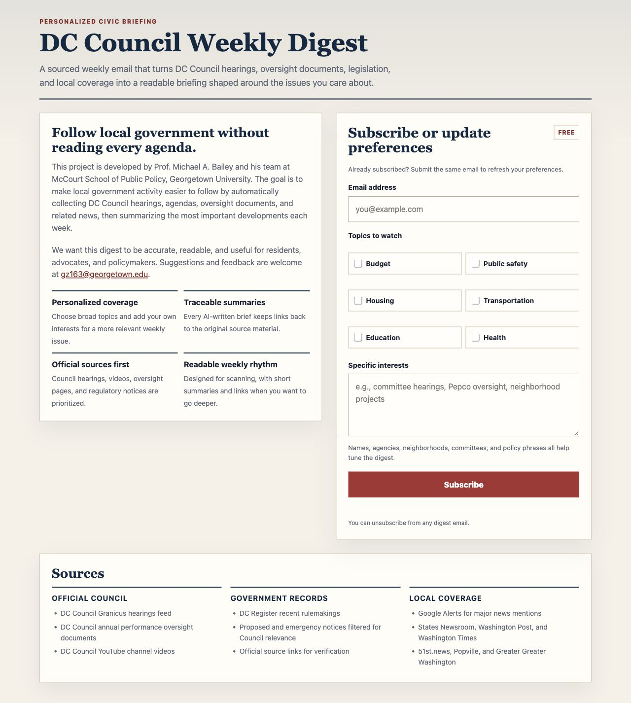 Subscription page for the DC Council Weekly Digest.