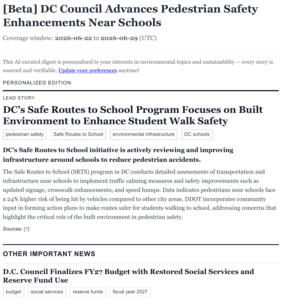 Environment and sustainability sample email with a personalized lead story followed by other important news.