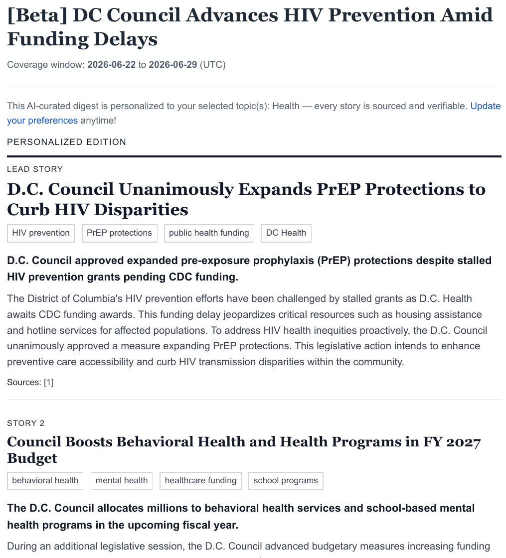 Health-oriented sample email with multiple interest-matching Council updates.
