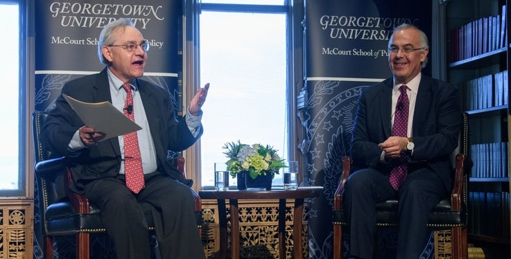 McCourt Prof. E.J. Dionne moderated the discussion with Brooks after the lecture.